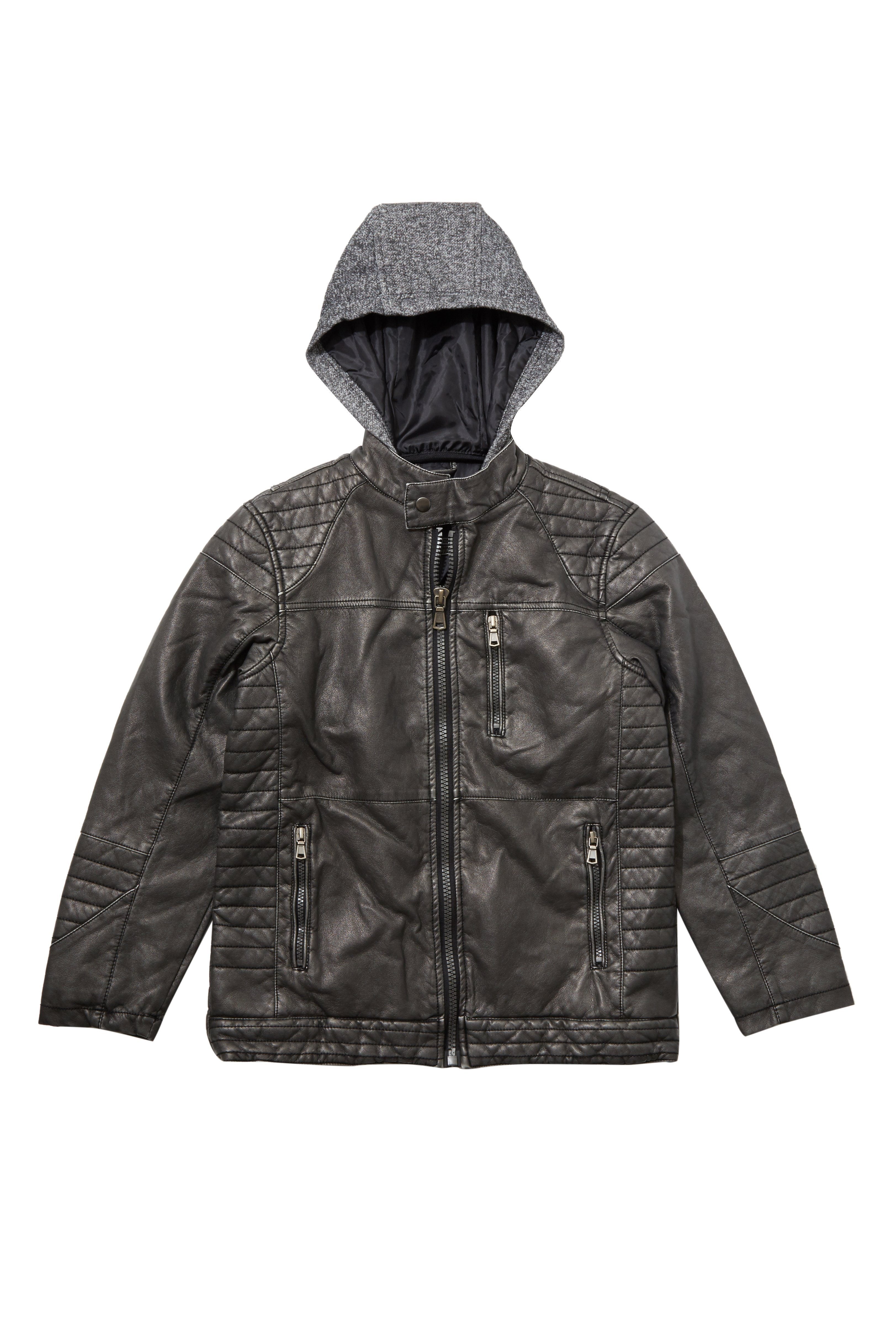Jacket Boy - Vegan Leather Moto Jacket With Knit Hoodie